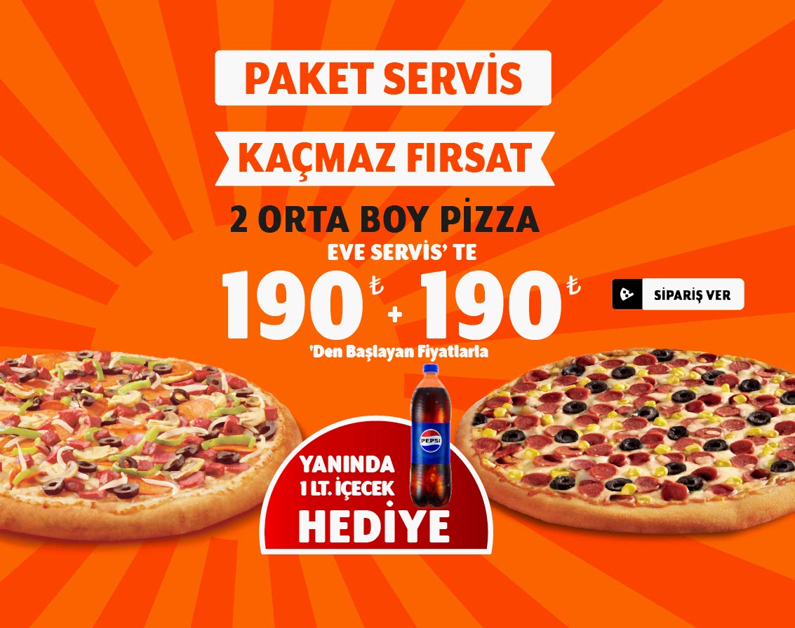 2 Adet Orta Boy Pizza + İçecek (1 L.)