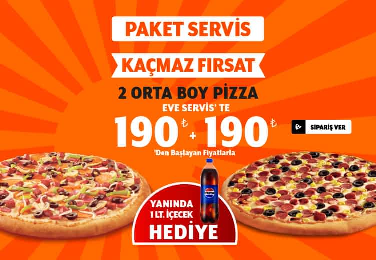 2 Adet Orta Boy Pizza + İçecek (1 L.)