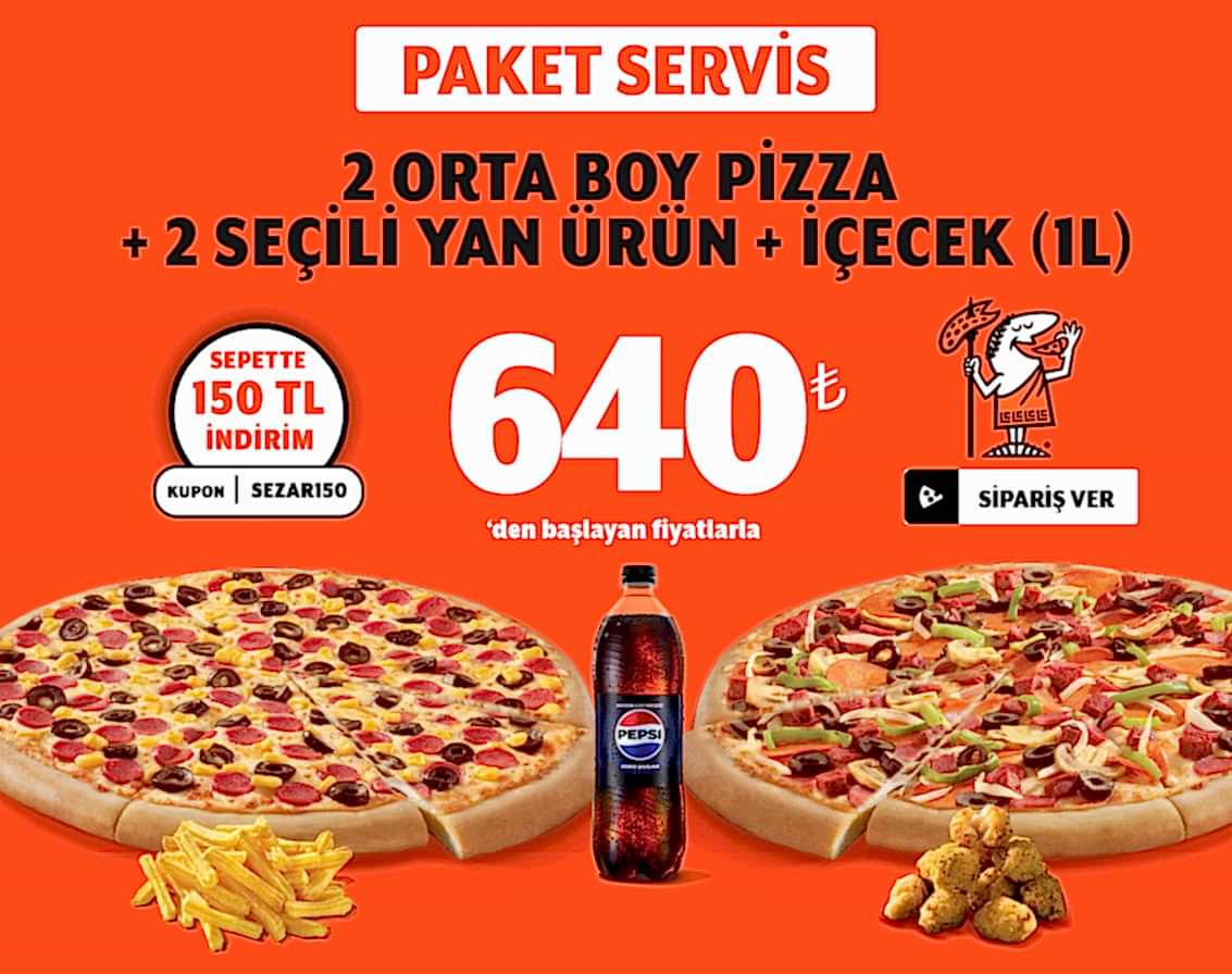 2 Orta Boy Pizza + 2 Yan Ürün + İçecek (1 L)