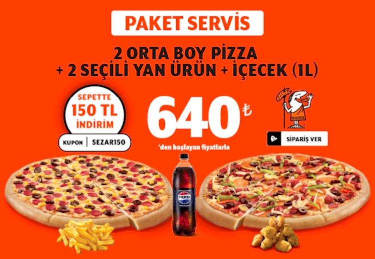 2 Orta Boy Pizza + 2 Yan Ürün + İçecek (1 L)